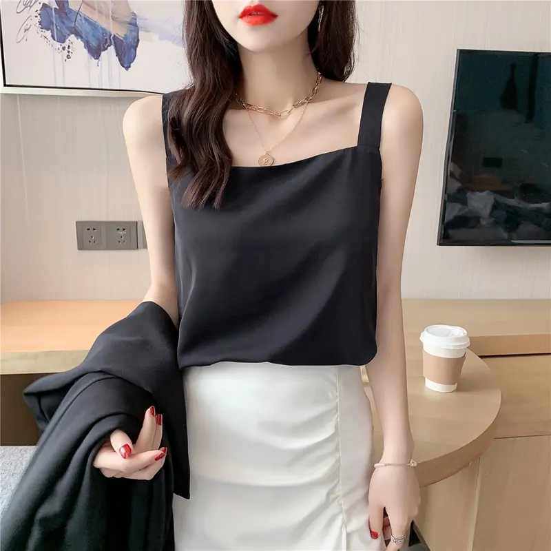 Áo hai dây nữ lụa cổ vuông Top Women Nhung AO0010 - Hồng, Trắng, Đỏ đô, Đen, Xanh rêu -  tank nu yếm hở lưng mặc  tube 3 lỗ 2