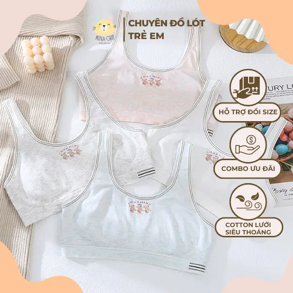 Áo lá học sinh 3 chú gấu chất cotton mềm mại thoáng mát hai kiều 2 dây hoặc ba lỗ Mina Chip A12 - A13