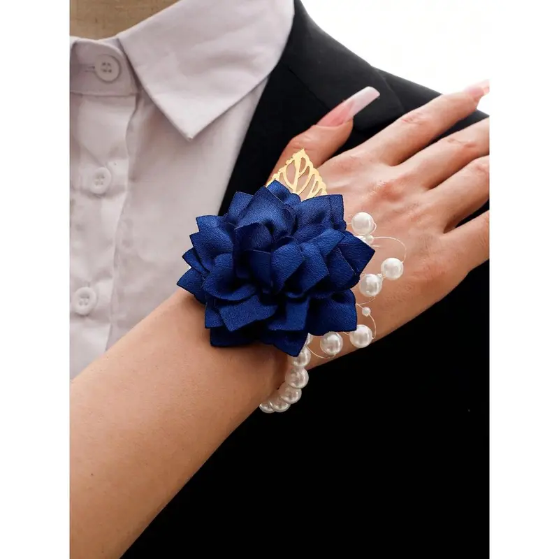 1pc Chest Flower + 1pc Wrist Flower Unisex Set, Navy Blue Camellia With Gold Leaves & Beads Decor, Groom Groomsmen Boutonniere, Bridesmaid Corsage, For Wedding 2