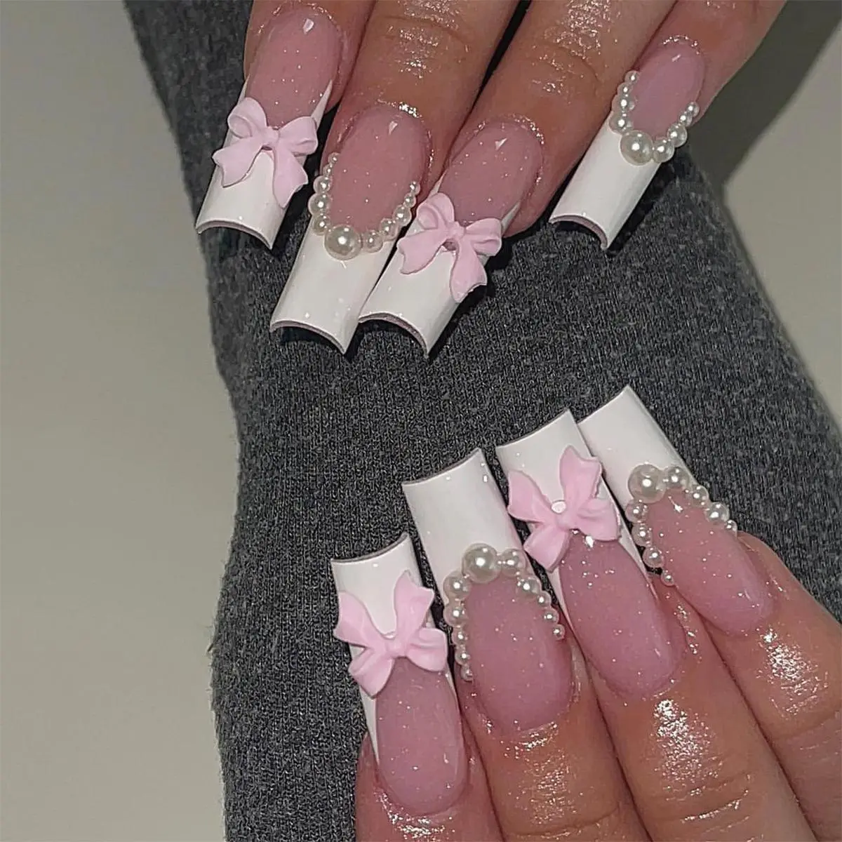 3D Bow & Faux Pearl Decor Long Square Fake Nails, 24pcs/box Glossy False Nails with Jelly Stickers and Nal File for Women Girls Nail Art, Effortless Press on Nails Manicure Set