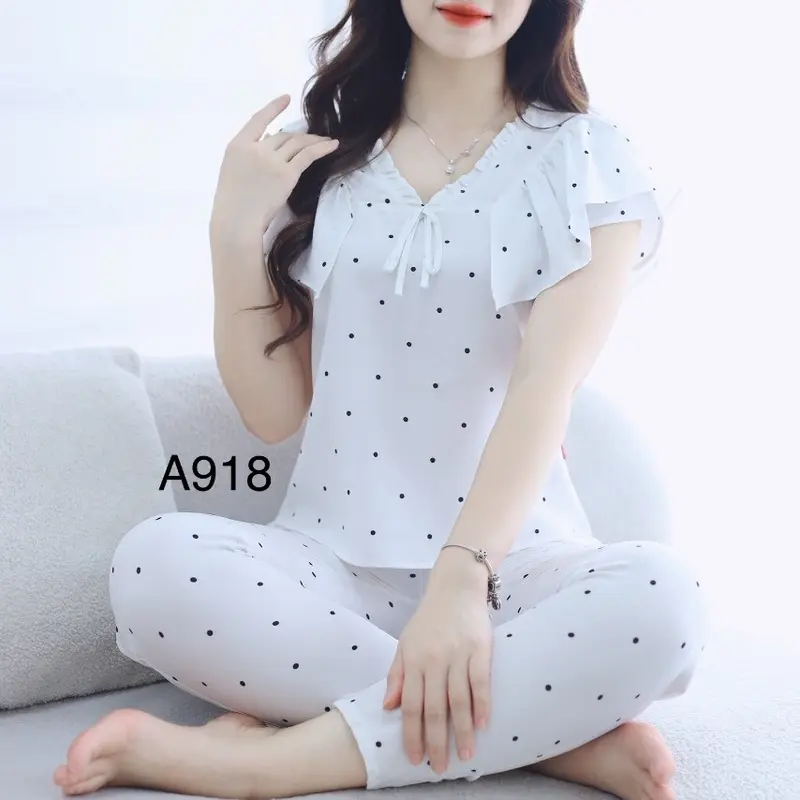 (37kg-68kg) Sét bộ mặc nhà nữ hàng thiết kế tay phối 2 lớp cánh tiên vải lụa Hàn mềm Women Áo Quần Ngủ Top sau sinh có bigsize Cạp Cao 5