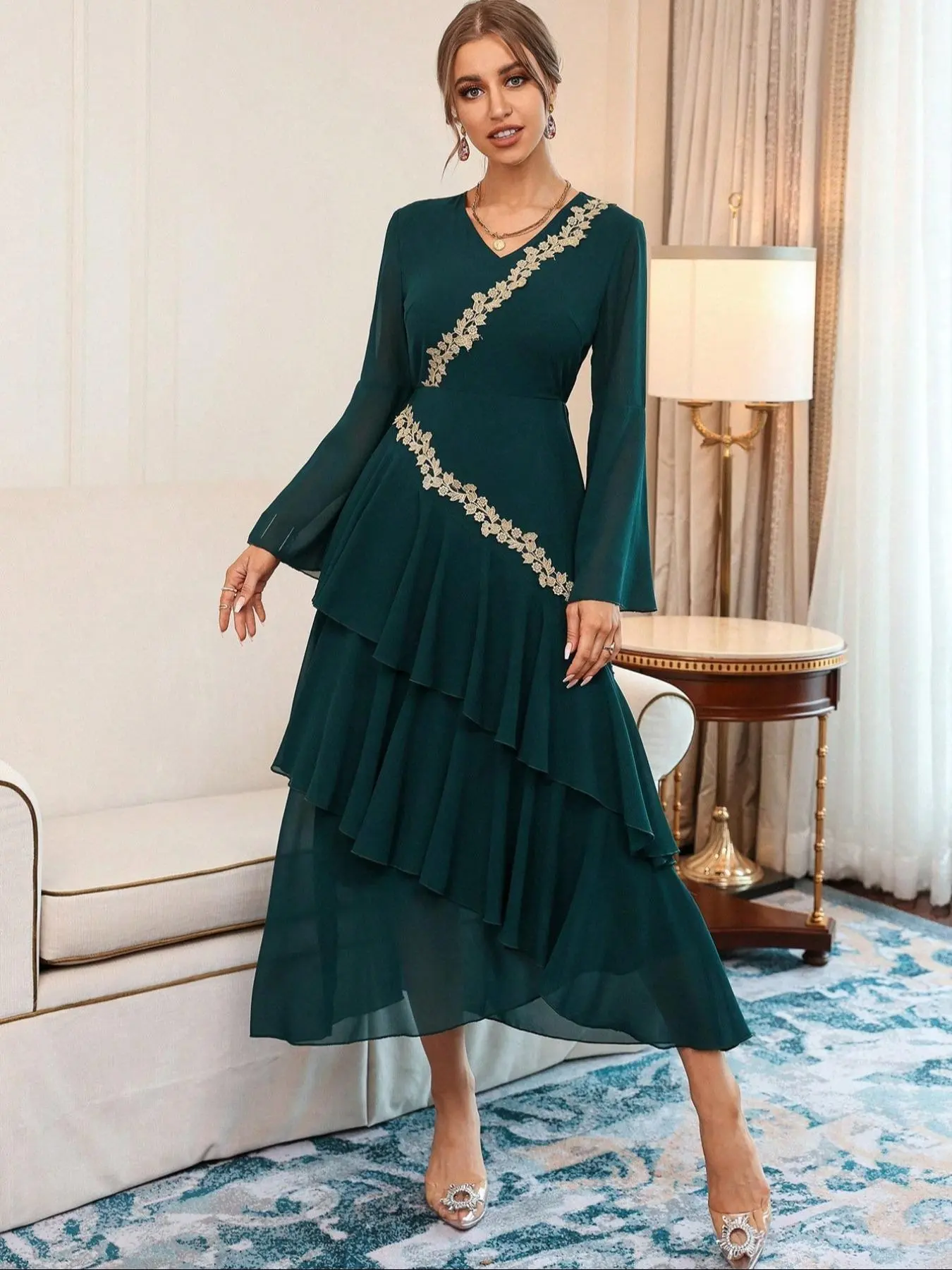 Women's Plain Embroidery Patchwork Layered Hem Dress, Elegant Long Sleeve Round Neck Dress for Party Holiday Wedding Guest, Ladies Clothes for All Seasons