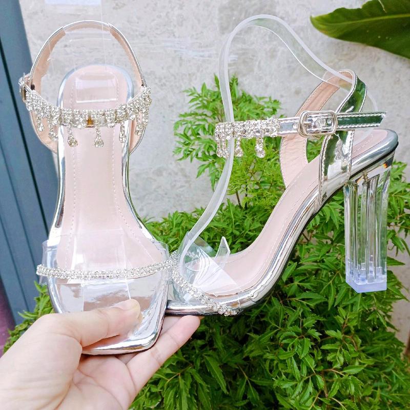 Giày cao gót nữ quai đính đá cao 10 phân gót trong suốt (BẠC) DéP Nhung Shoes Cao Su