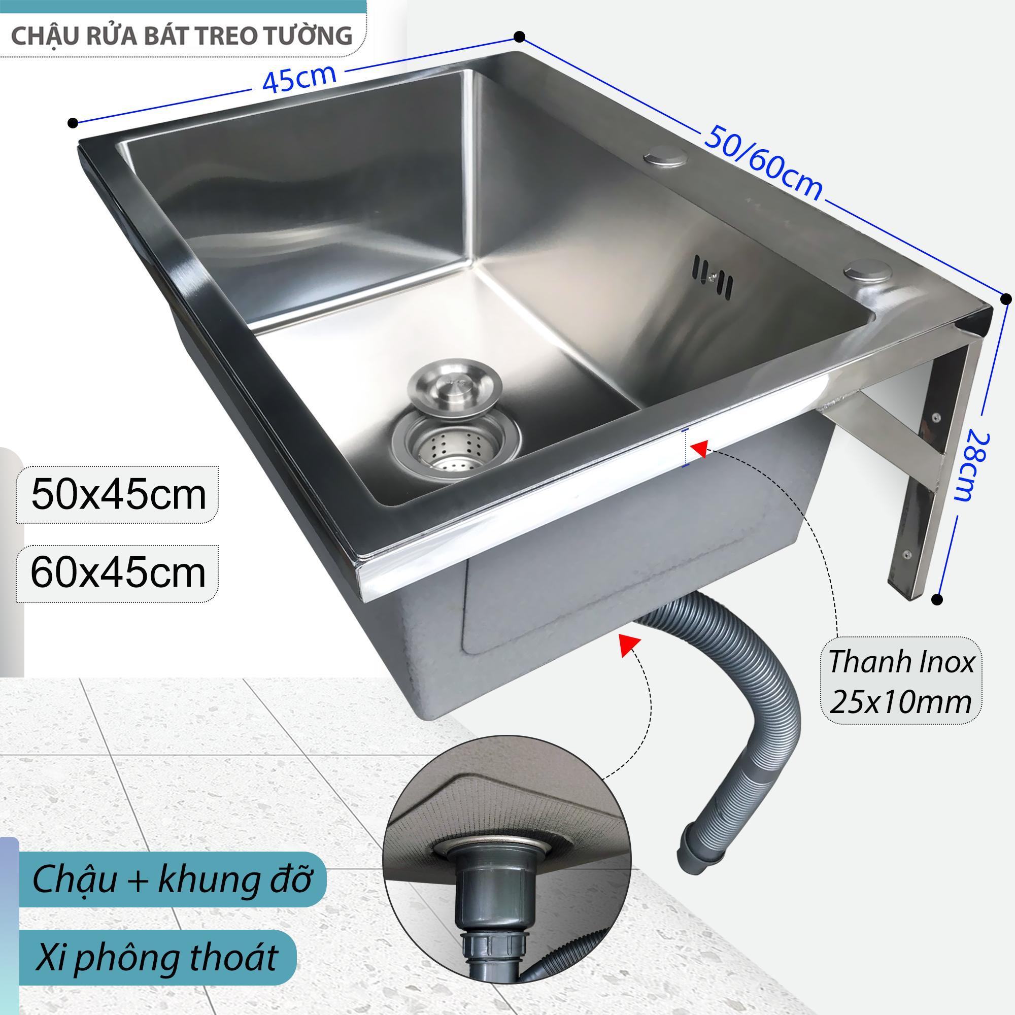 Bộ Chậu Rửa Chén Bát Inox KAZTA Treo Tường 60x45cm Kèm Vòi Lạnh - Đủ bộ gồm Chậu, khung treo, xi phông, vòi