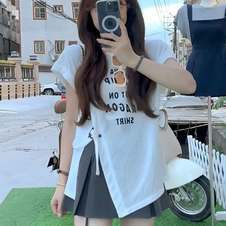 Áo Thun ngắn Tay Xẻ Tà Ngoại Cỡ In Chữ, Dành Cho Nữ, Bộ Sưu Tập Mùa Hè, Hàng Mới Về, Dáng Rộng Che Bụng, Áo Bất Đối Xứng, Bán Chạy, [Nhà Cửa Hàng Bán Chạy]