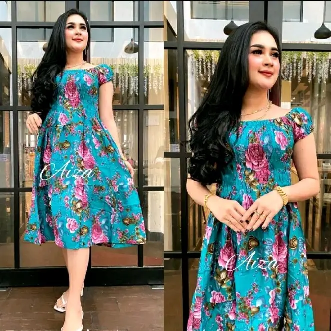 Dress Bali Kerut Dada Rayon Super Motif Tumpal Bunga Karet Melar Wanita