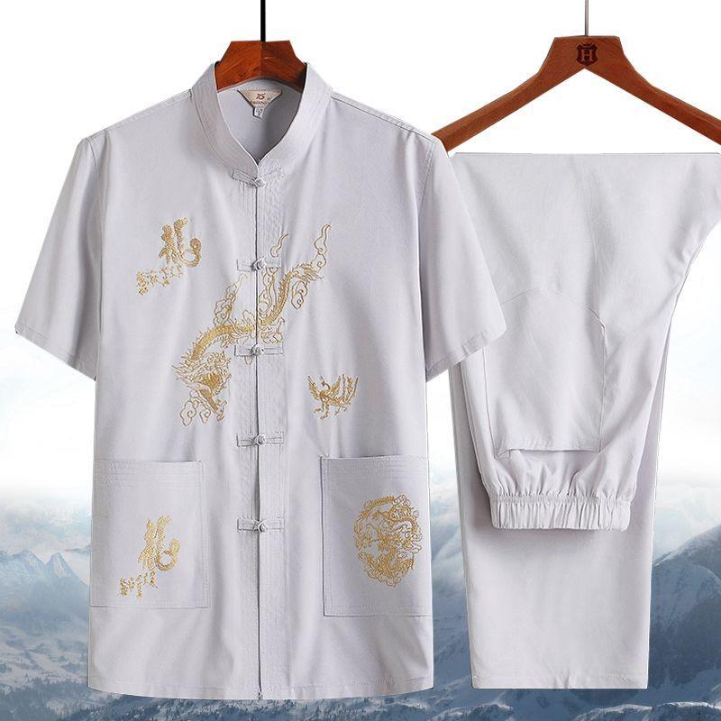 Bộ Đồ Hai Mảnh Cho Bố Nam, Phong Cách Tang, Trung Người Già Và Cao Tuổi, Phong Cách Trung Quốc, Thích Hợp Cho Các Hoạt Động Vào Buổi Sáng Và Mùa Hè Của Ông Già, Áo Sơ Mi ngắn Tay, Phong Cách Hanfu 3