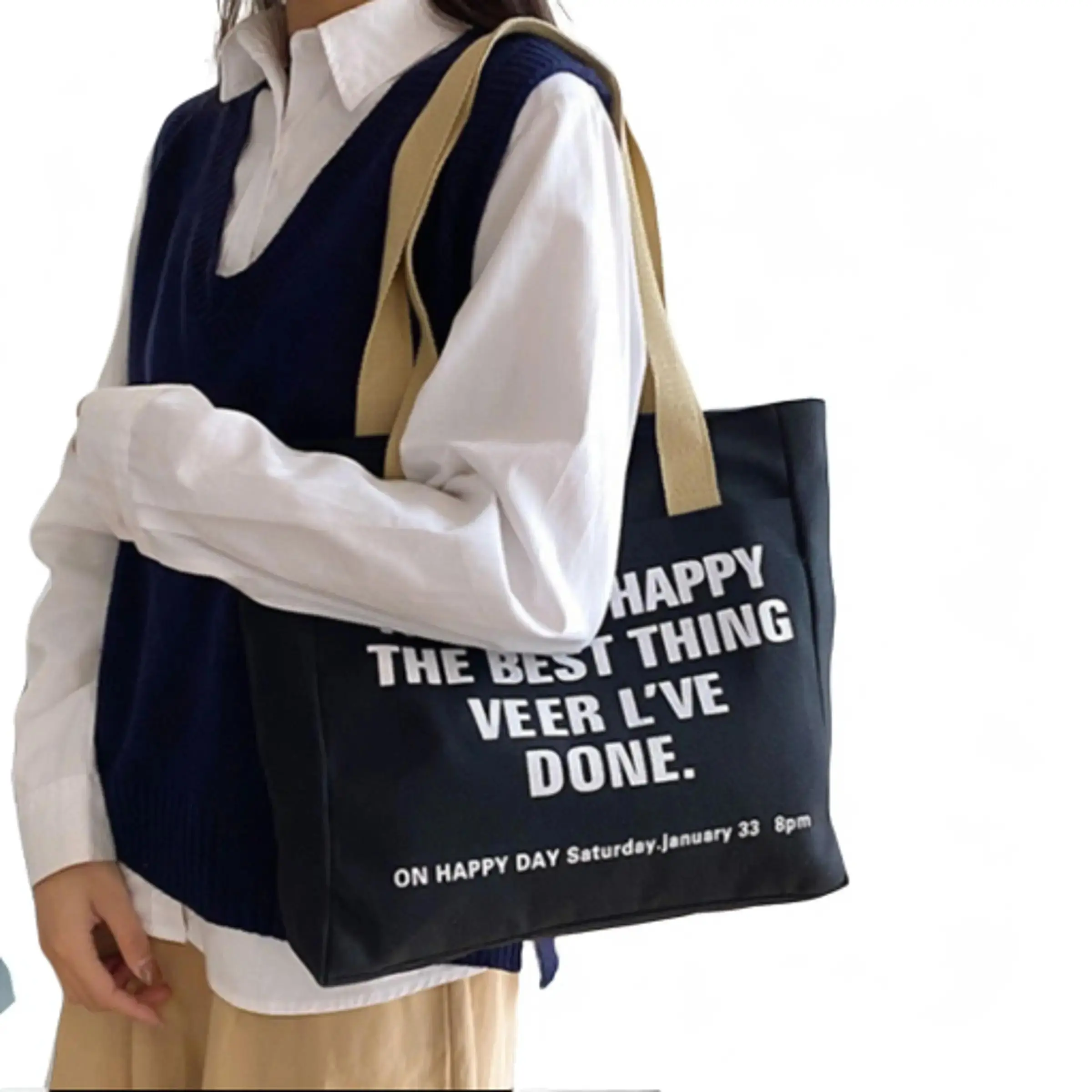 Túi Tote Hình Chữ Nhật , Bag Nữ Đeo Vai Chữ Nhật Vải Canvas Đựng Vừa Sách A4 , Có Dây Kéo Zip Thích Hợp Đi Học ,Đi Chơi Four T-DONE0112