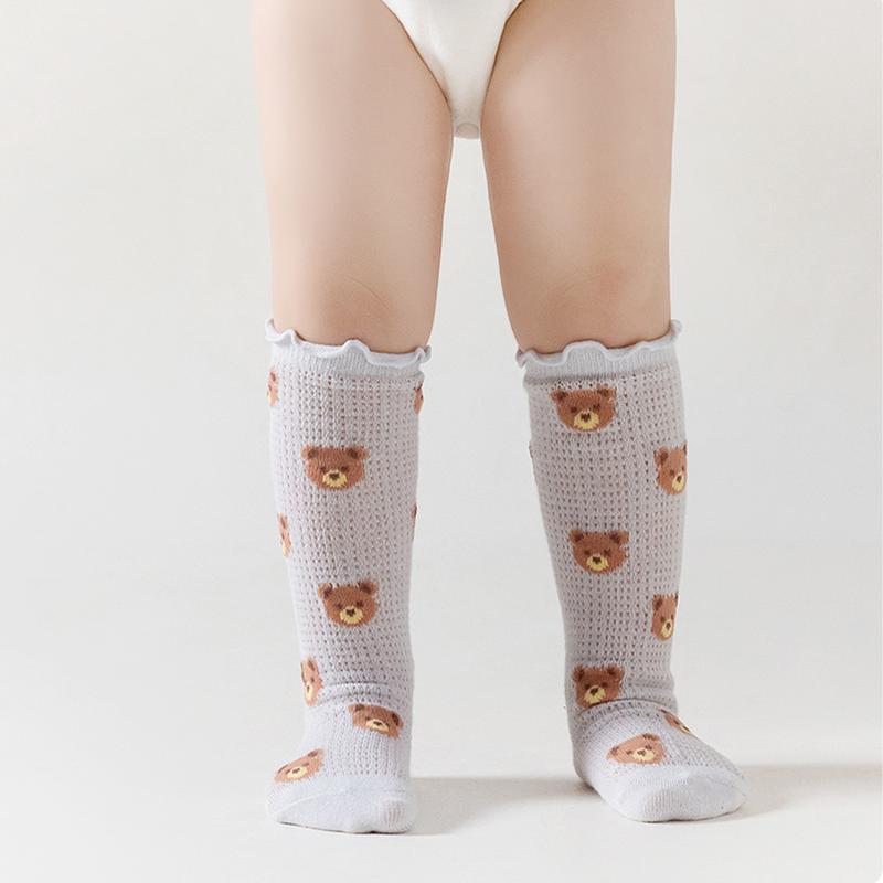 Product Introduction of Baby Socks for Girls Flower/Bear Print Mosquito Protection Mid-Calf Socks Spring Summer Breathable Kids Mesh Thin Socks 41