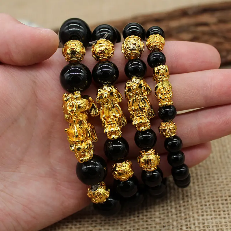 retro accessoriesPixiu Bracelet Imitation Obsidian Couple Bracelet Color Retention Gold Beads Pixiugelang titanium stacking