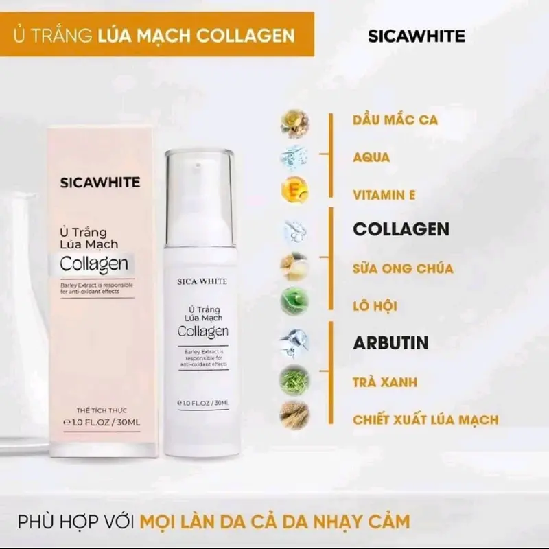 .Ủ Trắng lúa mạch Collagen ( 30ml) Sica White - mặt nạ hỗ trợ làm trắng da- hỗ trợ chăm sóc da ngâm đen Skincare Cosmetics mask phục hồi da tranexamic acid đủ vị làm dịu 1