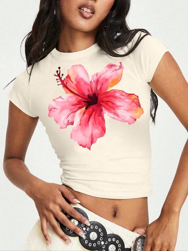 Women's Floral Print Round Neck Crop Tee, Y2K Casual Short Sleeve Crew Neck T-Shirt for Summer, Fashion Women's Top for Daily Wear 4
