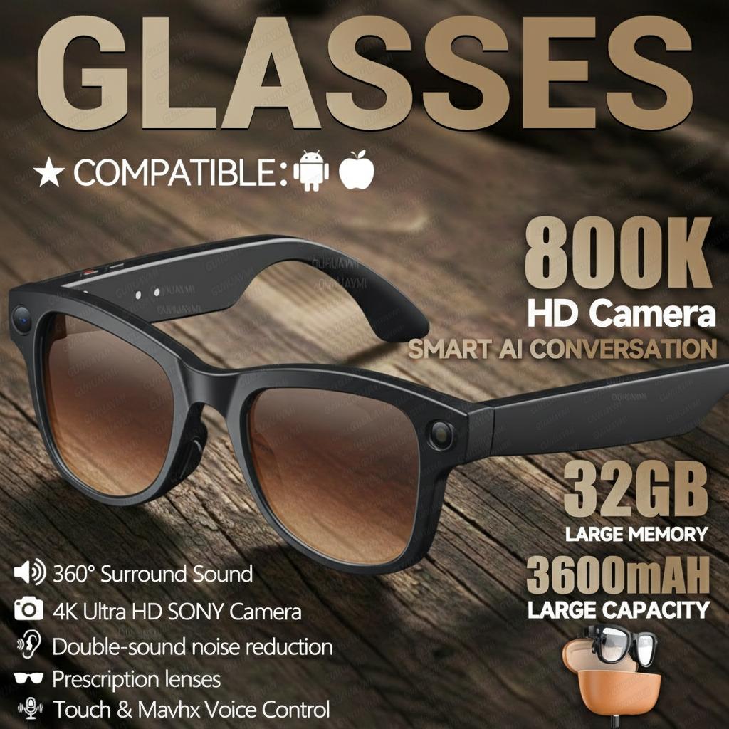 New3600mAh large Battery 800W Pixel Camera Smart Glasses Men AI voice take pictures Music Player 120+Translation Call Sunglasses