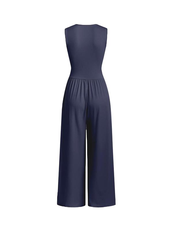 Women's Plain Ruched Deep V Neck Ribbed Jumpsuit, Elegant Sleeveless Wide Leg Jumpsuit for Summer, Back To School Outfits, Ladies Clothes for Beach Holiday Vacation,  Curve Fashion Womenswear Overalls 6