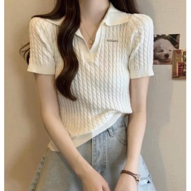 Áo polo len VẶN THỪNG TRƠN kèm tag sắt, cổ V bẻ  Nữ.