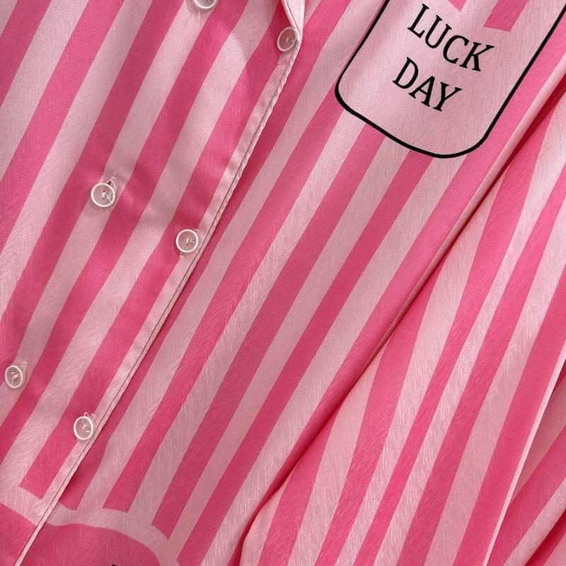 Bộ ngủ pijama mặc nhà cho nữ sọc hồng 6 nút có túi lụa xước 7