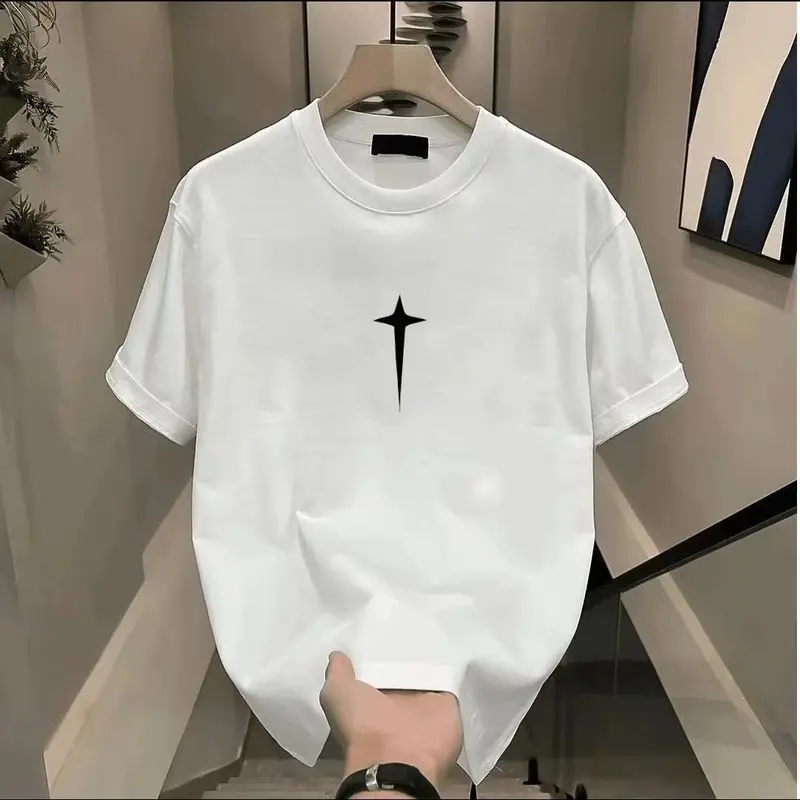 New fashionable and stylish short sleeved T-shirt with men's print trend, summer round neck versatile T-shirt, trendy casual loose clothes ins
