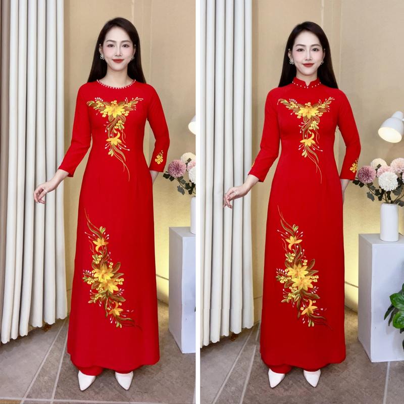 D6 Áo dài nữ đỏ tươi Lụa Mỹ thêu hoa thủ công cao cấp