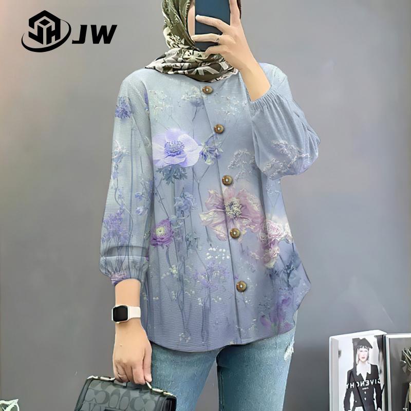 Product Introduction of Women's Muslim shirt elegant and colorful flower oversized loose long sleeved top, beautiful button style affordable and comfortable long sleeved shirt 28
