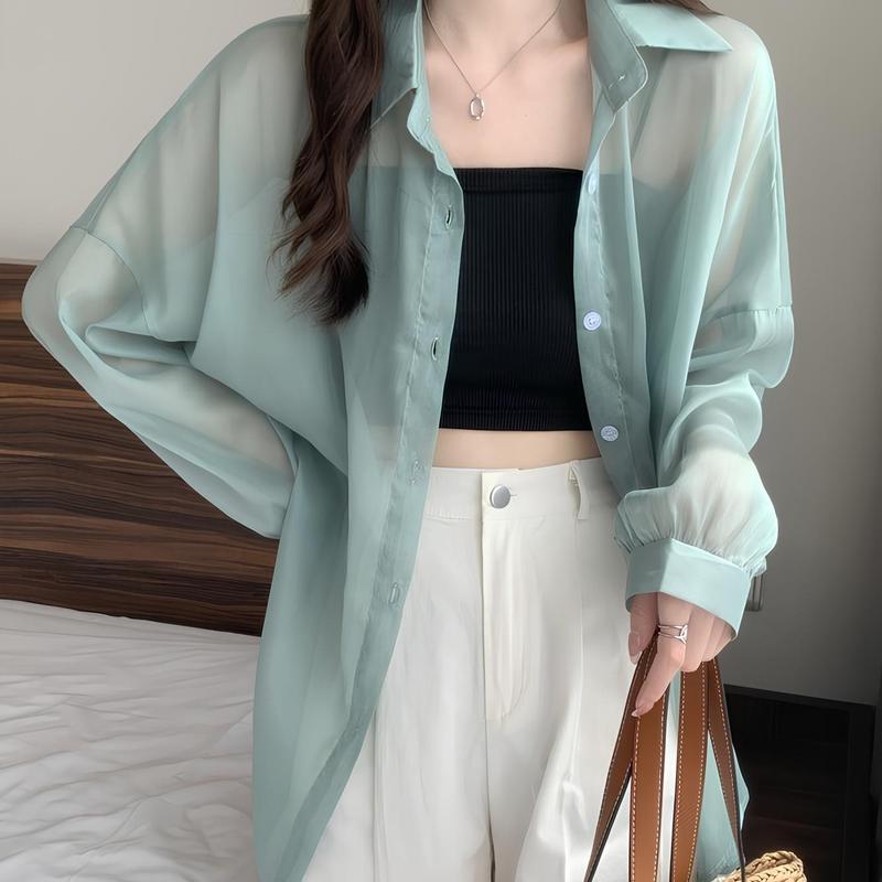(KÈM LÓT) Set Áo Sơ Mi Nữ Dài Tay Voan Ánh Kim Mỏng Khoác Ngoài Đi Biển Freesize Nhiều Màu Kèm Áo 2 Dây, Áo Khoác Đi Biển Trong Suốt Trơn Top Shirt