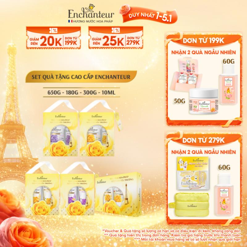 DUY NHẤT 1-5.1 HỘP QUÀ Set quà tặng cao cấp Enchanteur: Sữa tắm 650g 180g Dầu gội 650g 180g Dầu xả 300g Nước hoa EDT 10ml 18ml