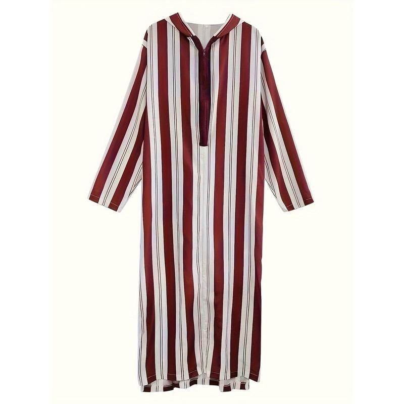 Men's Striped Hooded Long Robe - Casual Polyester Thobe with Zipper Detail, Machine Washable - Perfect for Spring/Fall 5