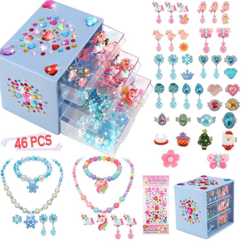 Princess Jewelry Set, 46pcs/set Including Earrings, Rings, Necklaces, Bracelets, Jewelry Storage Box, Pretend Play Toy for Girls 0