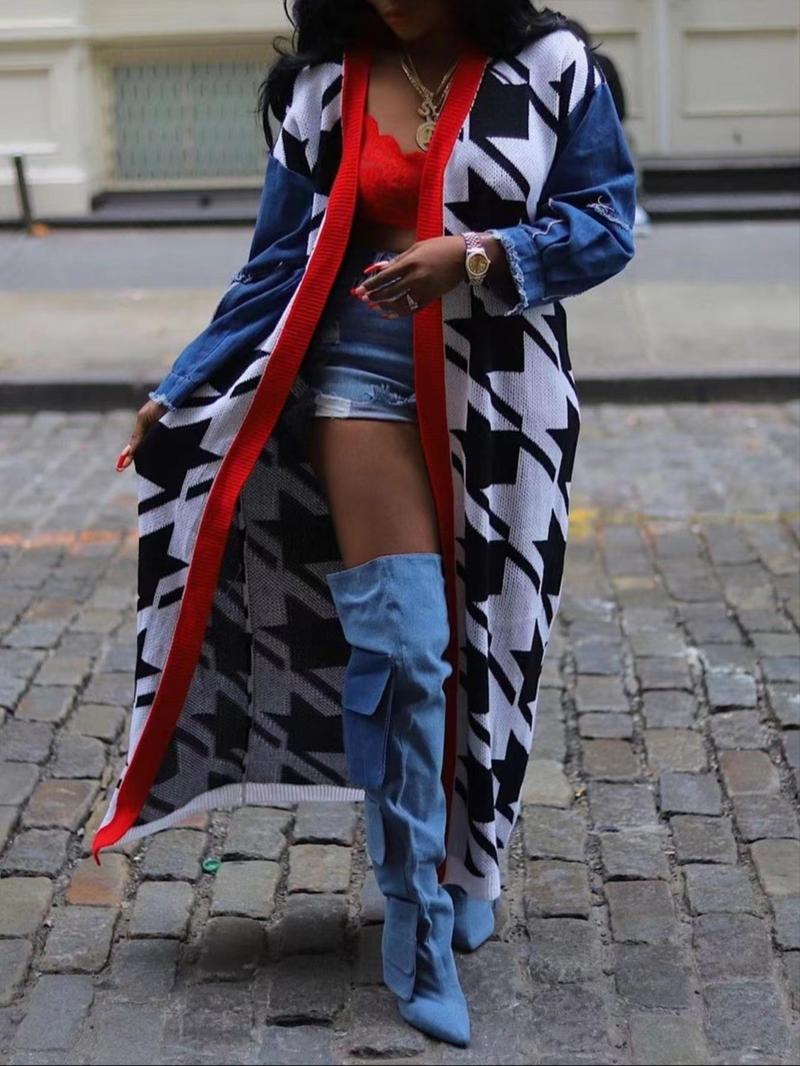 Product Introduction of Women's Houndstooth Patchwork Print Drop Shoulder Longline Cardigan, Casual Long Sleeve Open Front Knitwear for Fall & Winter, Fashion Ladies' Knit Clothing for Daily Wear, Sweaters for Women 9