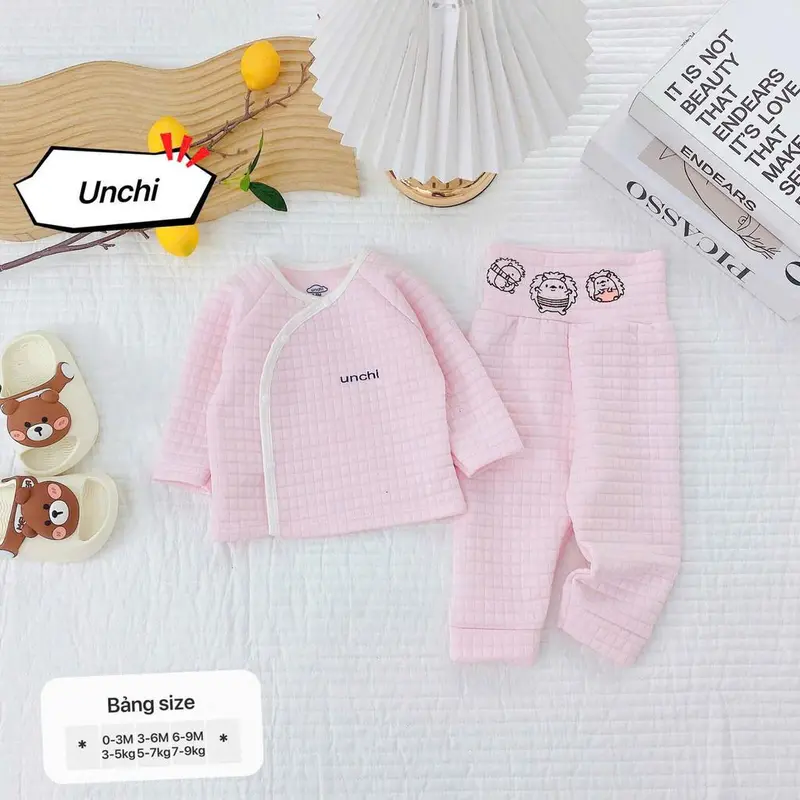Bộ quần áo trần bông bé trai bé gái sơ sinh Unchi in hình cạp quần chất trần bông dầy ấm giữ nhiệt cho bé 4