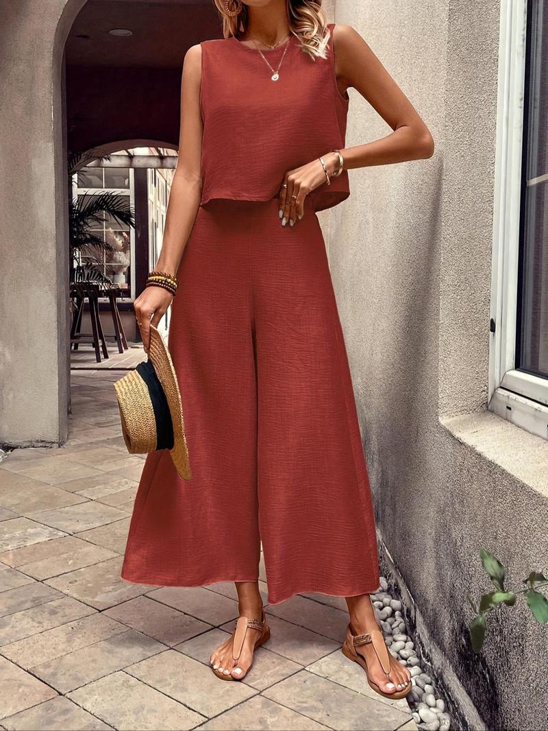 Product Introduction of Women's Solid Tank Top & Wide Leg Pants Two-piece Set, Casual Sleeveless Top & Pants for Daily Wear, Travel, Ladies Two-piece Outfits for Summer 7