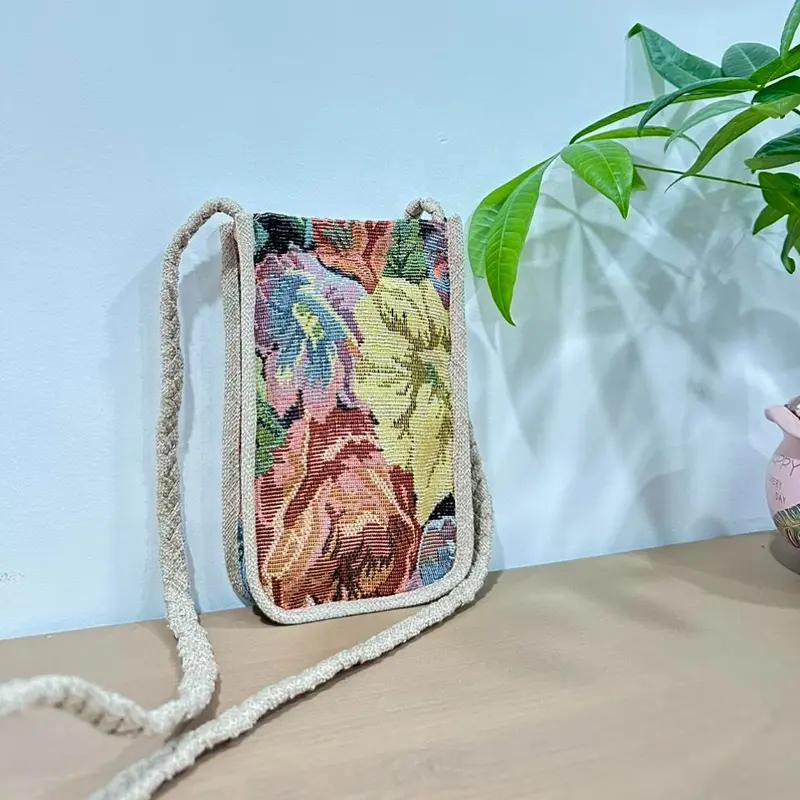 Túi vải đeo chéo đựng điện thoại kich thuoc 12cm x20cm/Túi vải handmade dây bện phối vải đay linen 0