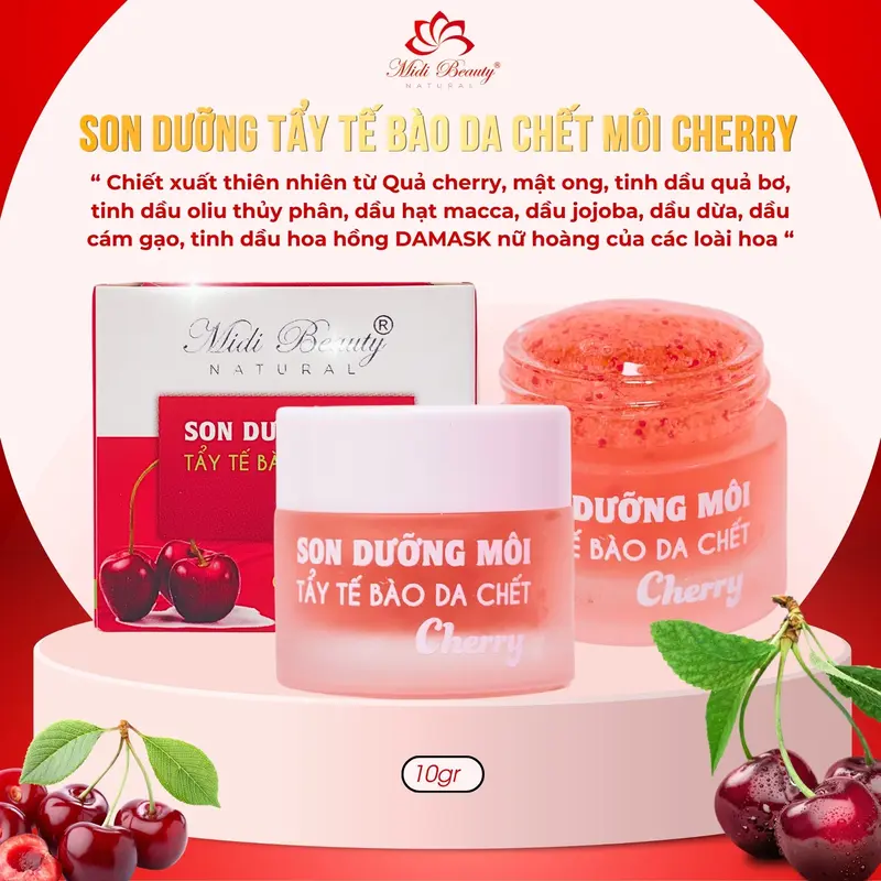 [TẶNG CỌ SILICON] Son Dưỡng Hồng Môi CHERRY 10G và Son Dưỡng Tẩy Da Chết Môi CHERRY 10G Midi Beauty Natural: Dưỡng môi mềm mại, hồng môi, bóng môi. Hỗ trợ mờ thâm môi và k.ích m.àu m.ôi phun xăm [Kèm Muỗng+Thẻ Bảo Hành] Nữ Women 6
