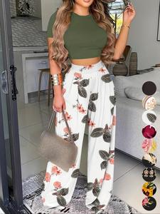 Conjunto de dos piezas para mujer, conjunto chic de camiseta corta lisa y pantalones de pierna ancha plisados, conjunto coordinado de verano, ropa de verano para mujer, atuendo veraniego lindo