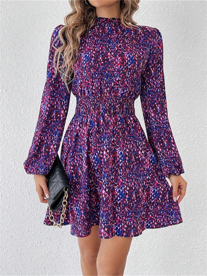Product Introduction of Women's All Over Print Frill Trim Shirred Mock Neck A Line Dress, Elegant Bishop Sleeve Short Dress for Spring & Fall, Women's Clothing for Daily Wear 4