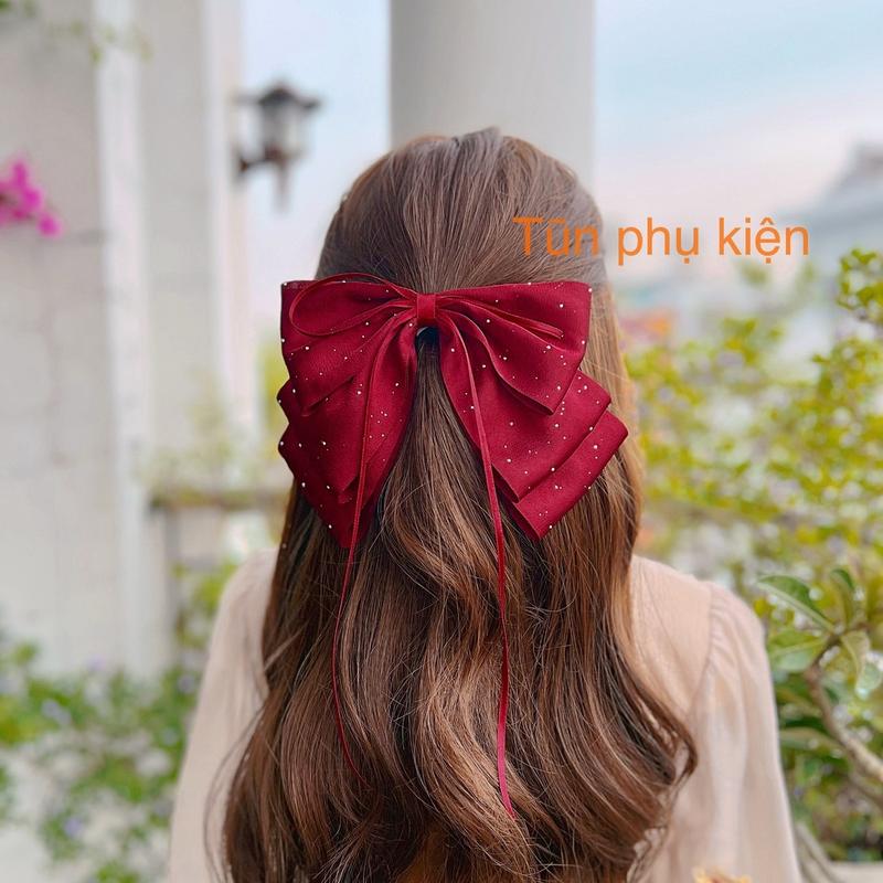 (Kẹp bấm 10cm) Kẹp tóc nơ lụa đính đá nàng thơ xinh xắn - Hàng thiết kế của Tũn Nữ Women