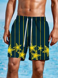 Men's Star & Striped Print Drawstring Waist Beach Shorts, Casual Comfy Breathable Swim Shorts for Summer, Men's Sport & Outdoor Clothing for Beach Vacation