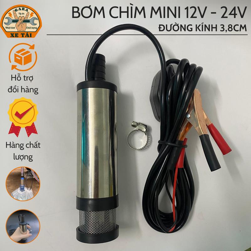 Máy Bơm Chìm Mini 12V - 24V Đường Kính 3,8Cm Màu Bạc Có Lưới Lọc Cặn Bẩn Bơm Dầu Nước Nhiên Liệu,...