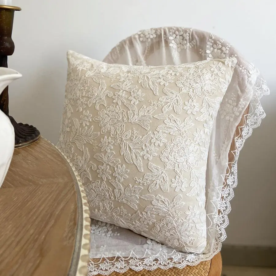 Floral Lace Embroidered Cushion Cover Without Filler, 1 Count Square Decorative Throw Pillow Cover For Home Sofa Bed