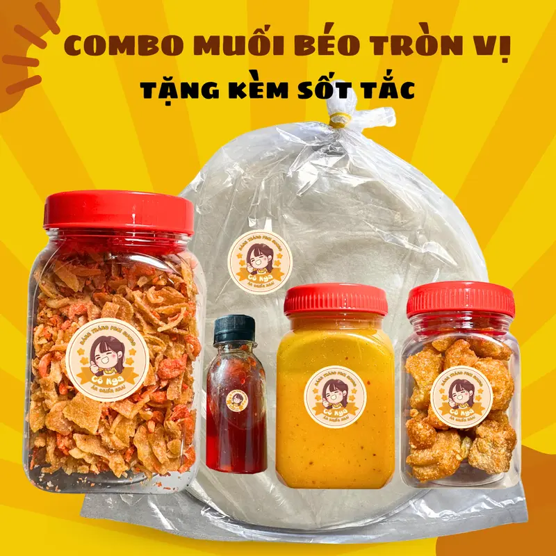 COMBO muối béo 5 món tròn vị: Bánh tráng phơi sương, muối béo, ruốc hành phi, tóp mỡ tặng kèm sốt tắc 0
