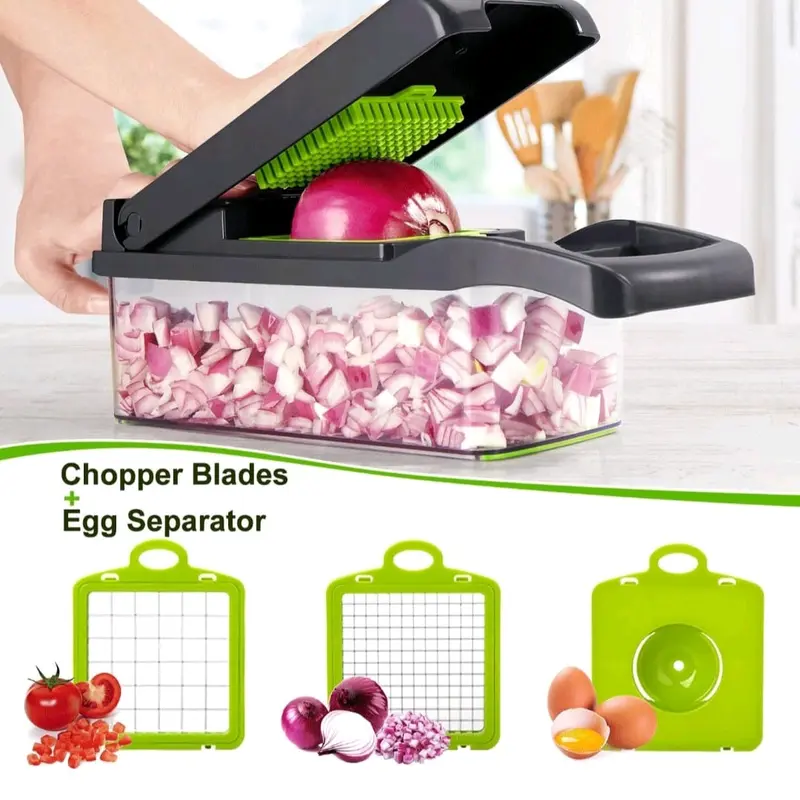 15 in 1 Vegetable Chopper,  Vegetable Slicer Fruit and Vegetable Dicing Machine, Food Slicer Veg Chopper Manual Onion Slicer Dicer Chopper Cutter Veg Slicer (Gray) Viral ticktock top product ,Kitchen Detachable Blade Set heat resistant casual green durabl 4