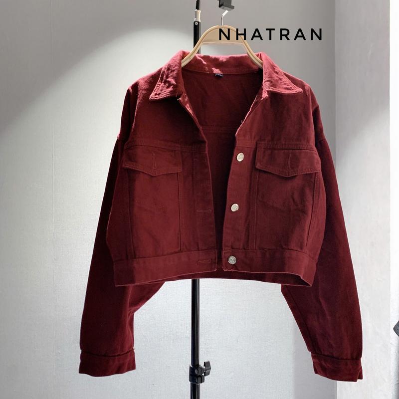nhatran - Áo khoác jean nữ phom croptot ngắn chất Denim Top Nhung Women Jacket dài 44cm NẮP TÚI