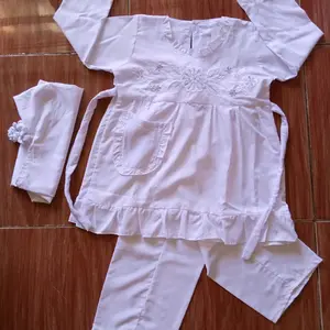 stelan baju putih manasik haji anak perempuan usia 4-10 tahun Katun Polos Lengan panjang Bisa Dicuci Dengan Mesin Bordir Celana Bunga