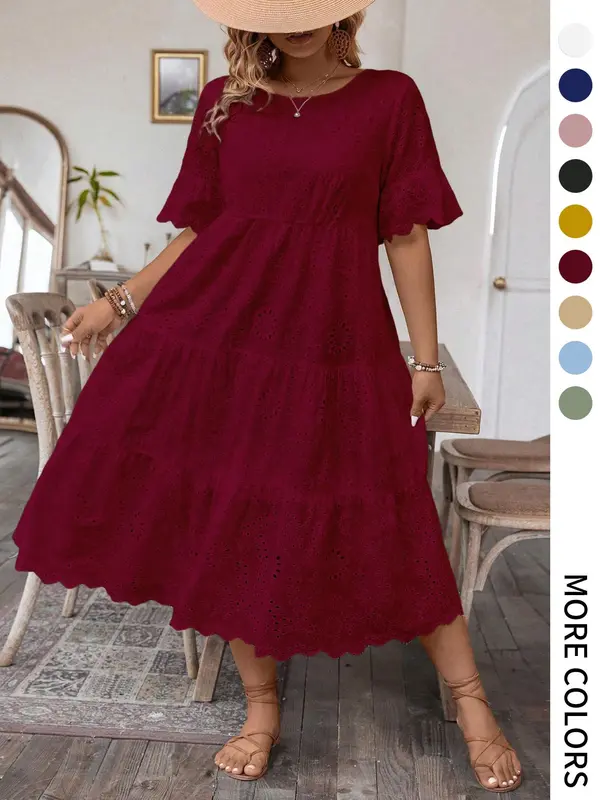 【Plus Size】 Plain Eyelet Embroidery Dress, Casual Bohemian Fashion Round Neck Dress for Daily Holiday Vacation Wear, Women Plus Clothing for Summer, Womenswear, Plus Size Dresses, Plus Size Tummy Flattering Dresses, Floral Lace Dress 8