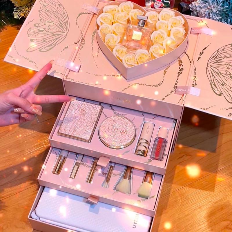 Bộ Quà Tặng Trang Điểm MEIYU YOULIYOULA,HLOFF Quà tặng bạn gái người yêu có Hoa sáp Trái Tim + Gương LED cảm ứng