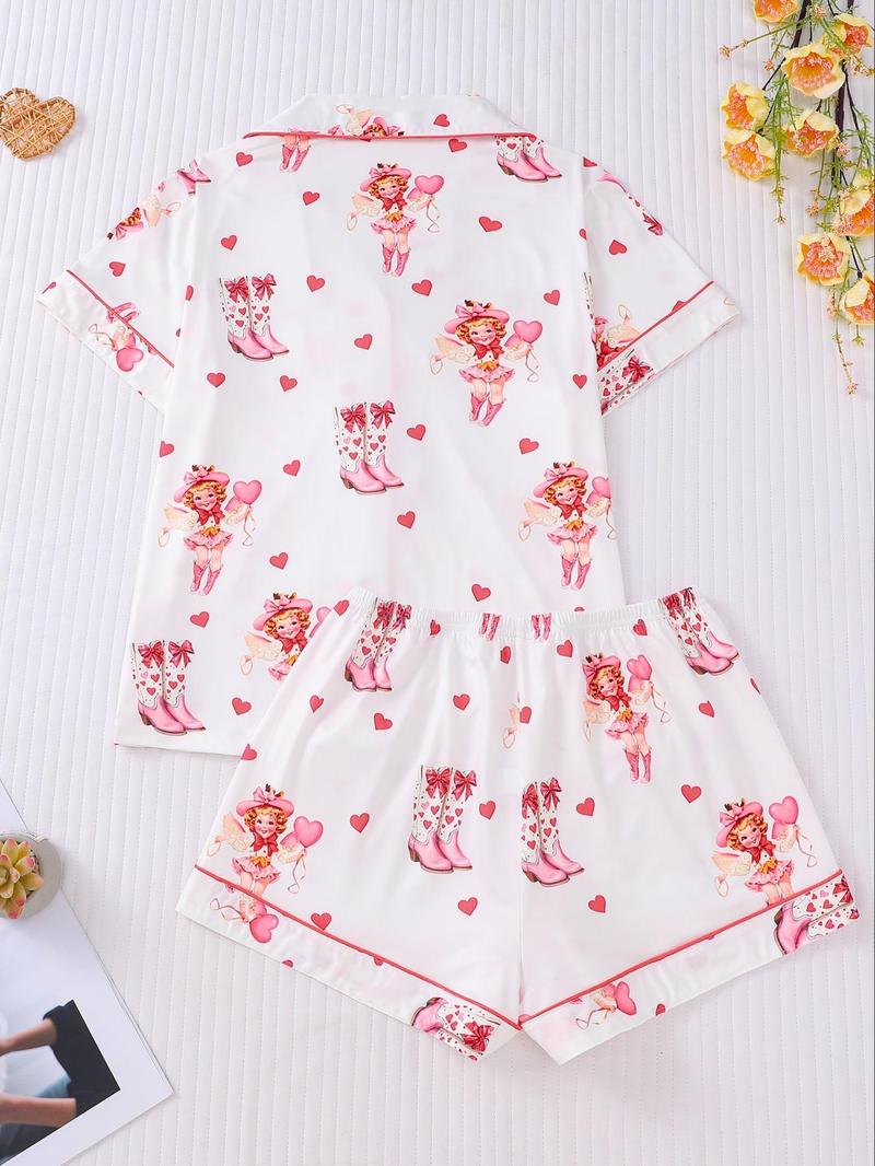 Product Introduction of Women's All Over Cartoon Print Button Front Shirt & Shorts Pyjama Two-piece Set, Casual Comfy Short Sleeve Top & Shorts Pj Set, Ladies Sleepwear for All Seasons, Pajamas 2