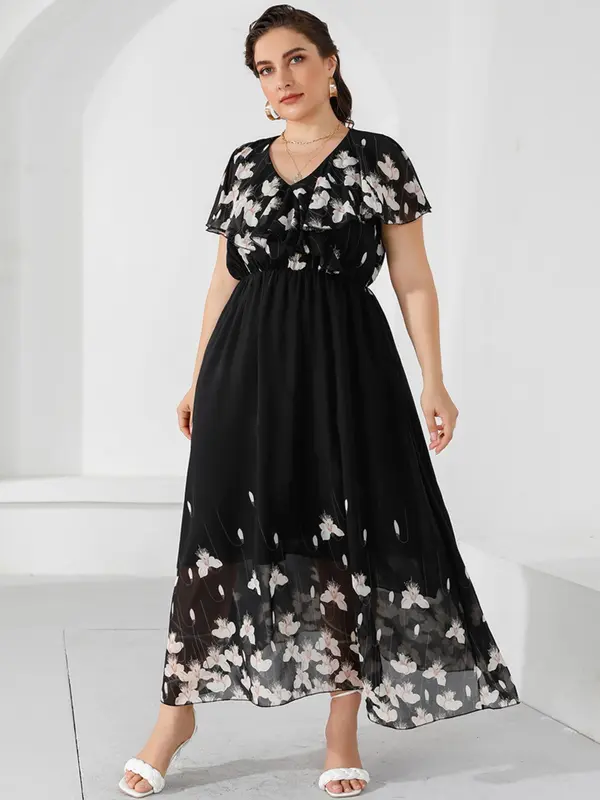 Plus Floral Print Ruffle Hem Flounce Sleeve Chiffon Long Dress, Summer Clothes Women, Casual V Neck Short Sleeve A Line Dress for Summer, Women's Clothes, Plus Size Women's Dresses 0