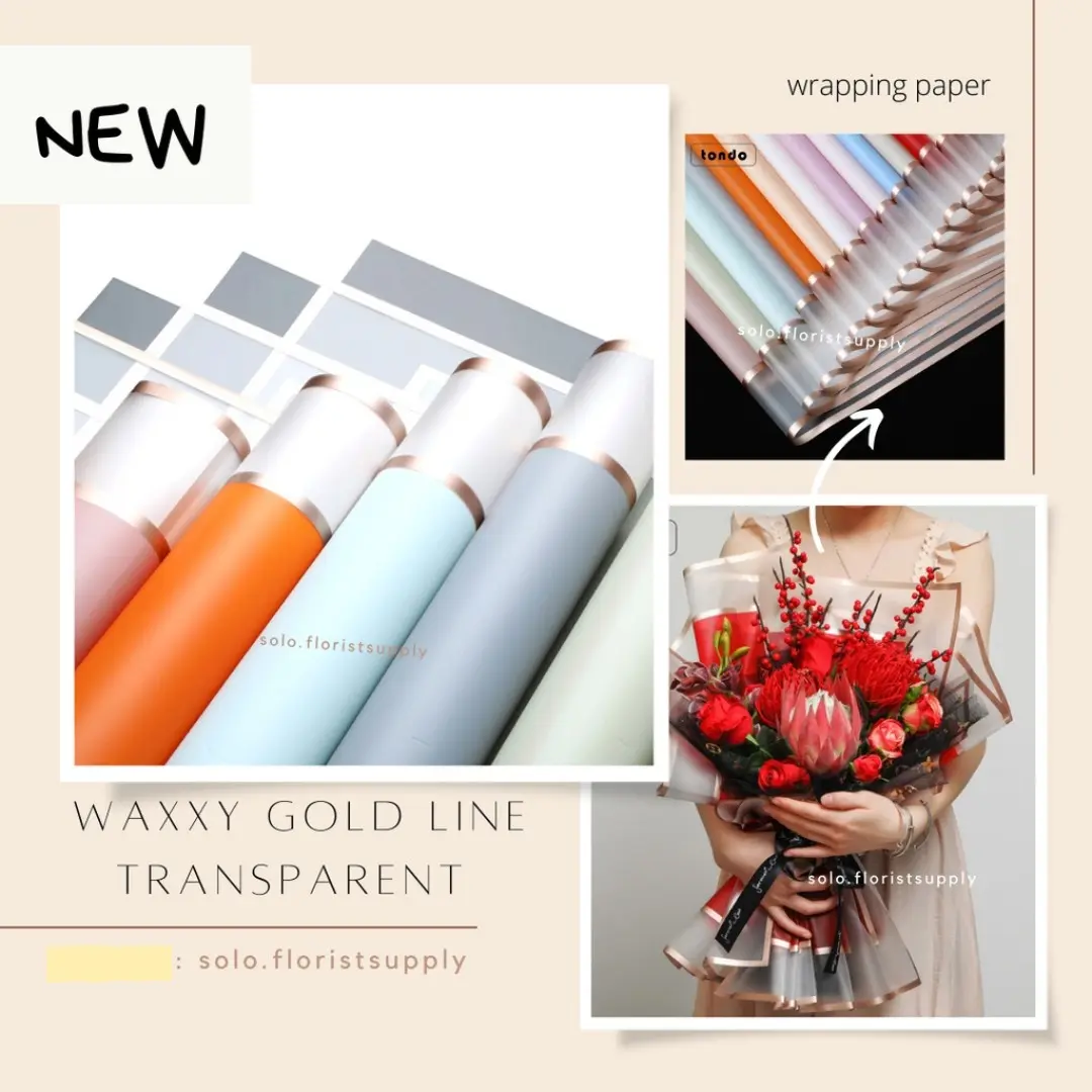WAXXY GOLD LINE TRANSPARENT double frame list WRAPPING PAPER FLOWER WRAPPING GOLD LINE FLOWER WRAPPING COLOR TRANSPARENT CELLOPHANE KERTAS BUNGA HAND BOUQUET PEMBUNGKUS BUKET KERTAS BUNGA