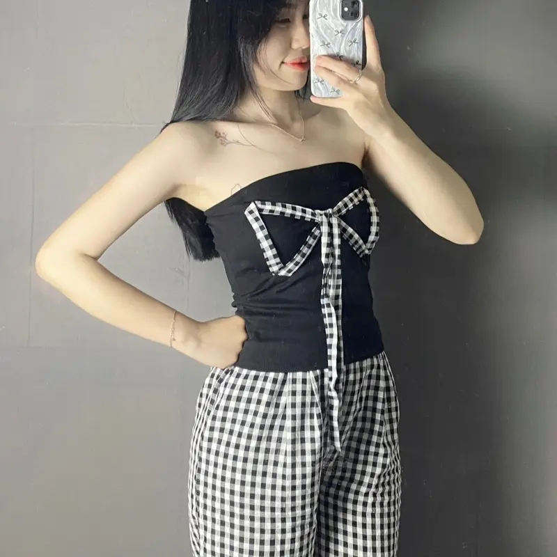 Áo Ống Nơ Caro Dài Dễ Thương Tôn Dáng