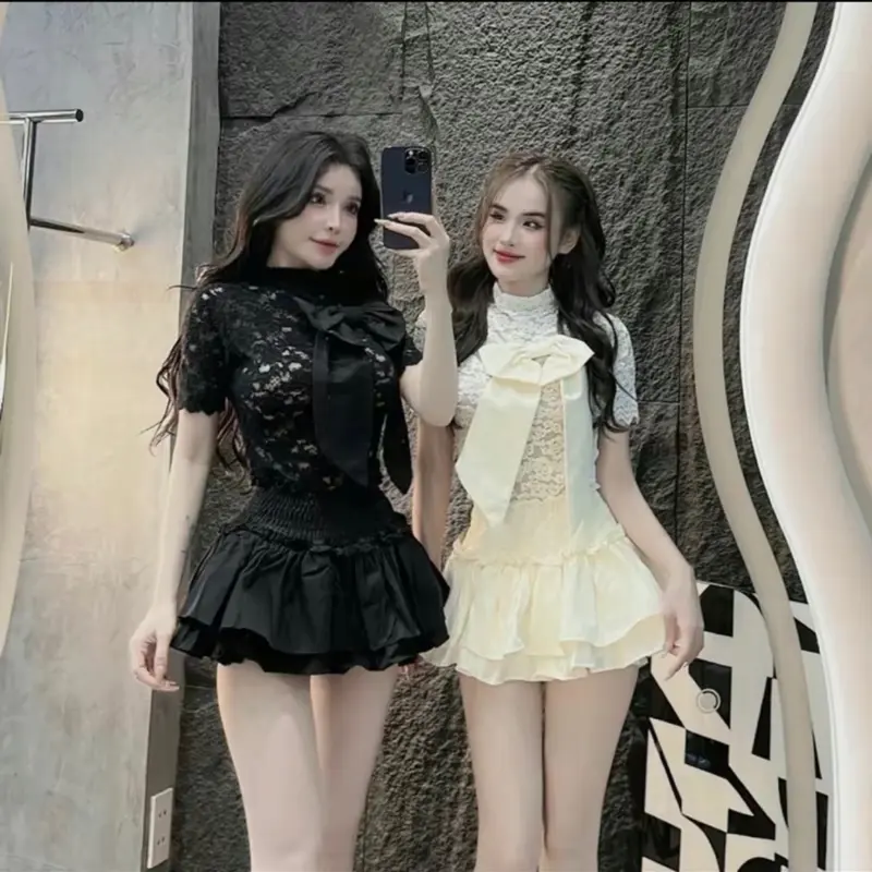 Set Áo Ren Nhung Đính Nơ + Chân Váy Bo Eo 2 Tầng ( Đi Tiệc, Dạo Phố, Đi chơi ) Top Nữ Women Voi 1