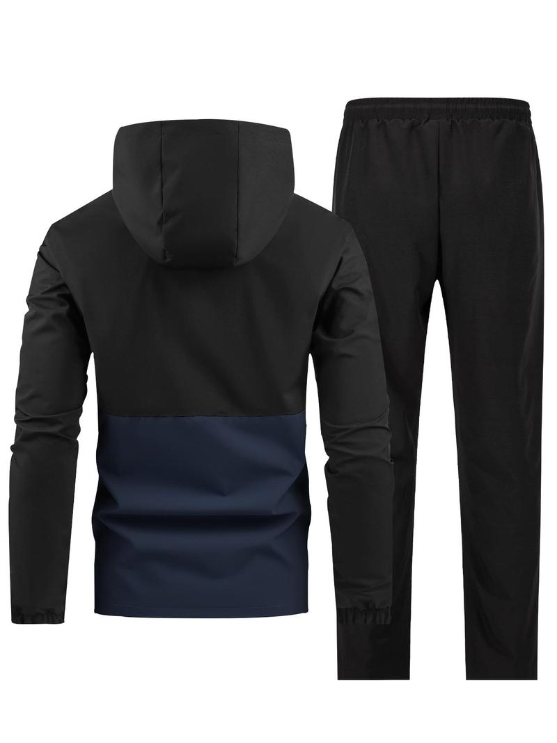 Product Introduction of Men's Colorblock Zip Up Hooded Jacket & Letter Print Drawstring Waist Pants Two-piece Set, Regular Fit Casual Long Sleeve Hooded Outerwear & Pocket Trousers for Spring & Fall, Men's Two-piece Outfits for Daily Wear 2